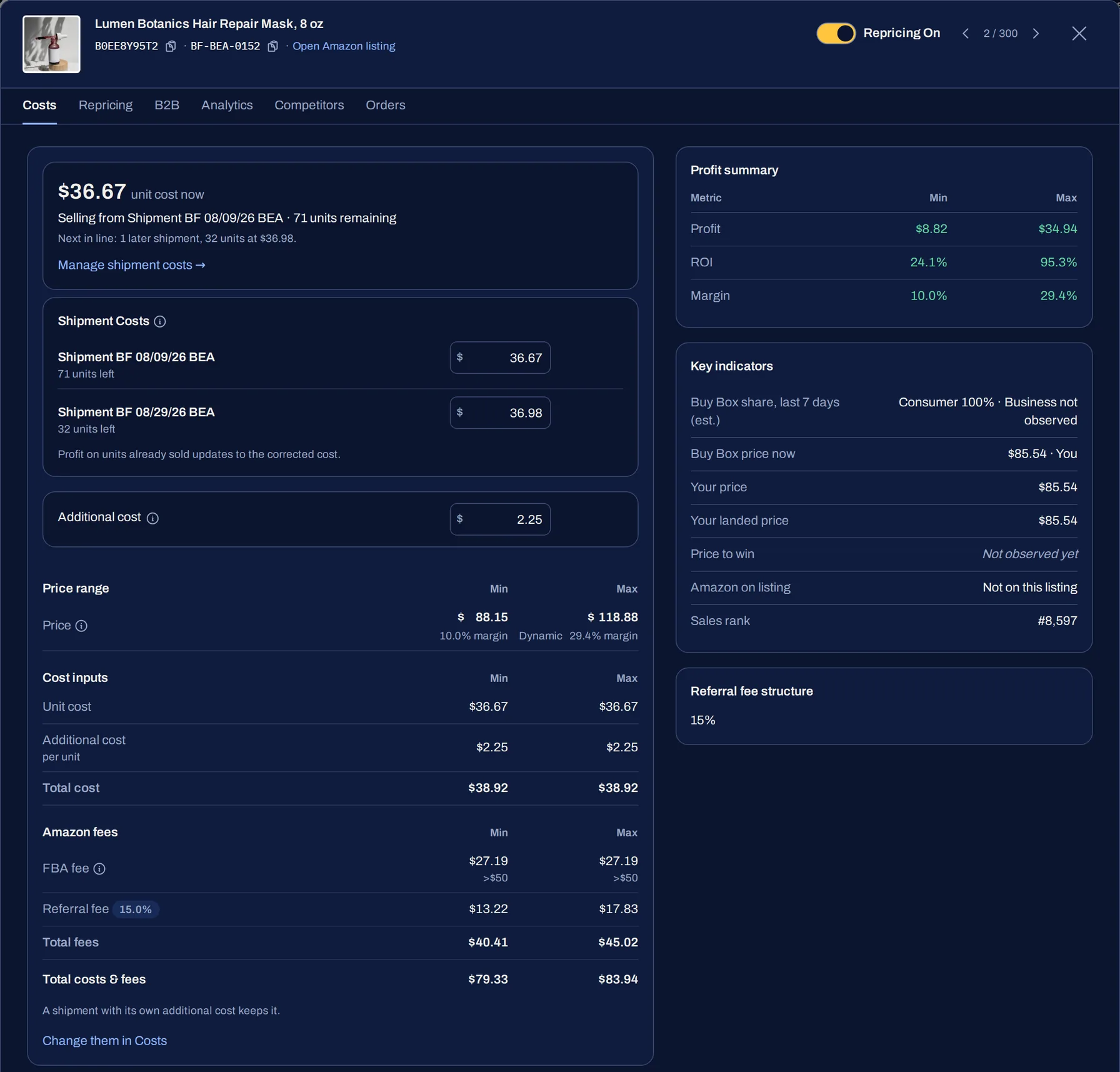 A listing's Costs tab in Box Boss Repricer: unit cost, price range with minimum and maximum, Amazon fees, profit summary and key indicators.